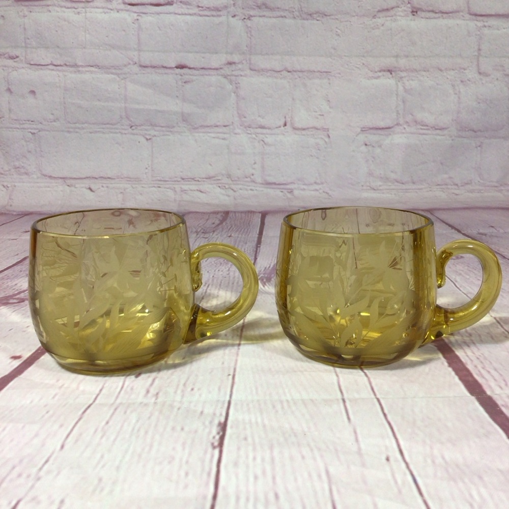 Vintage Amber Glass Floral Etched Handled Cup Set
